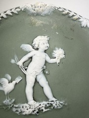 Vintage German Jasperware CUPID Green Wall Hanging/ Decorative Dish 4.25in