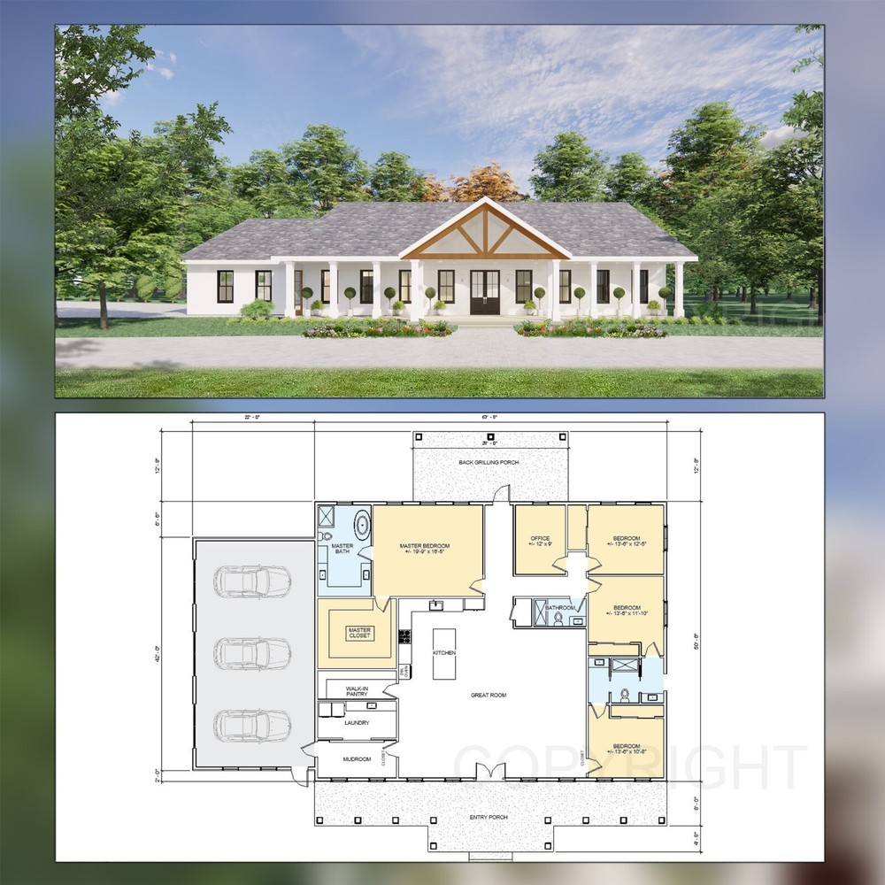 Barndominium House Plan – 4 Bed 3 Bath 3200 sq ft 3 Car – Drawings Blueprints