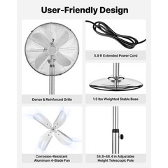Uimoso 16 in Industrial Pedestal Fan, High Velocity,Oscillating,1450 CFM, Silver