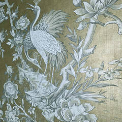 Gold foil metallic gray Chinoiserie blooming peonies branches cranes wallpaper