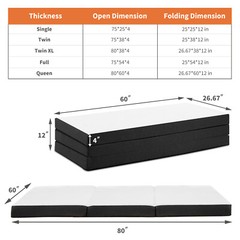 Tri-Fold Memory Foam Mattress Portable Foldable Mattress Topper w/Washable Cover