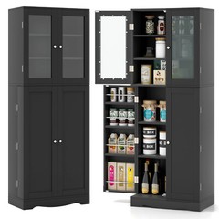 63.5″ Tall Kitchen Pantry Storage Cabinet w/ Glass Door Storage Shelves Black