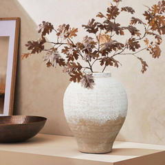 11.02 in H Rustic White & Brown Terracotta round Vase, Vintage Wide-Body, Cerami