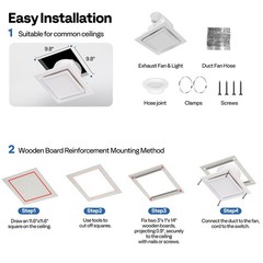165 CFM Bathroom Exhaust Fan with 6500K LED Light & 4″ Duct Hose 2.5 Sones Fan
