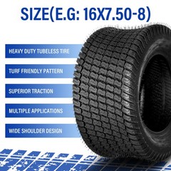 2pcs 16×7.50-8 Lawn Mower Tractor Turf Tires 4 Ply Rated 16×7.5-8 Tubeless
