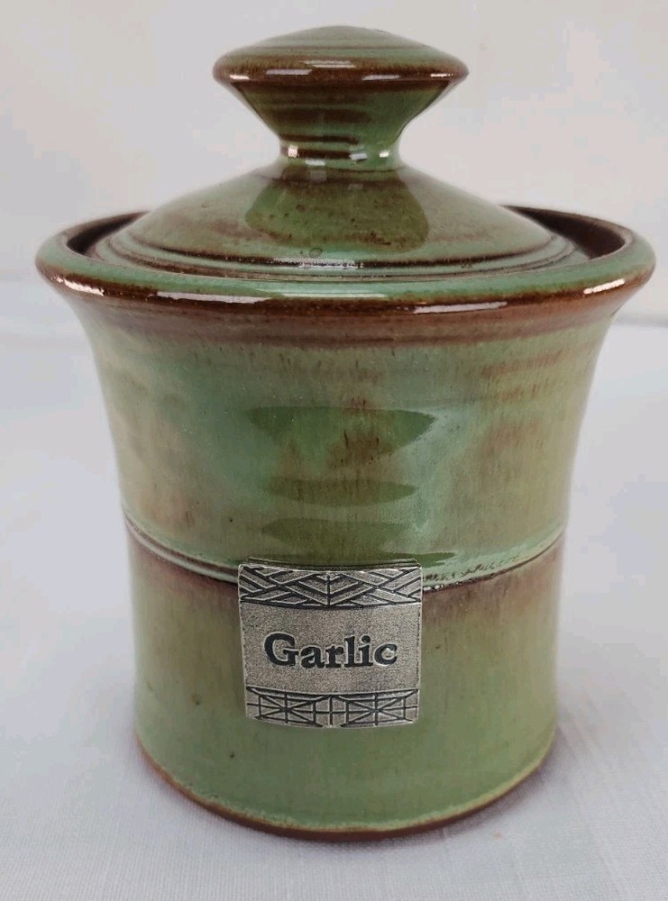 Crosby & Taylor Stoneware & Pewter Garlic Canister Jar