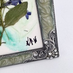 Botanical Art Pressed Blue Flowers In Ornate Metal Frame 6.75 X 4.5 Inch Signed