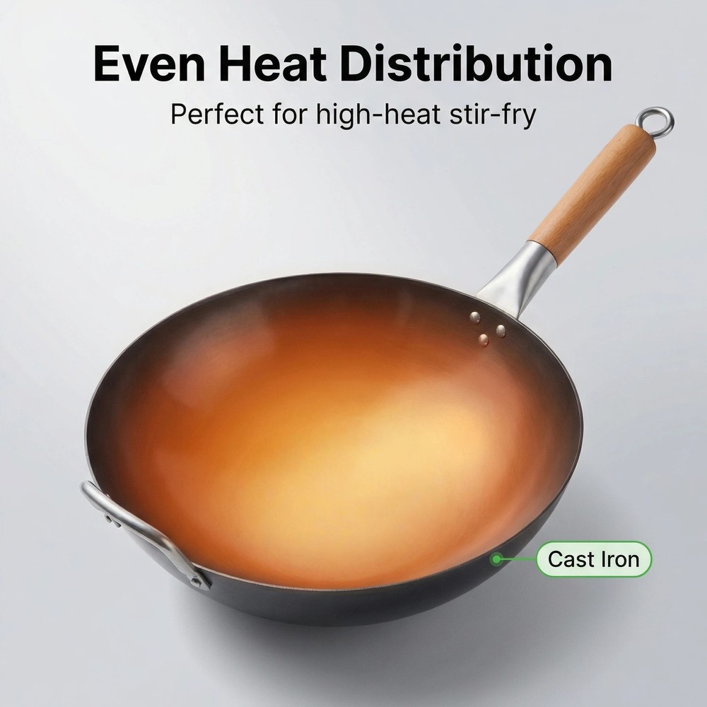Hand Hammered Carbon Steel Wok 13.5″–Round Bottom,Traditional Stir Pan For Cook