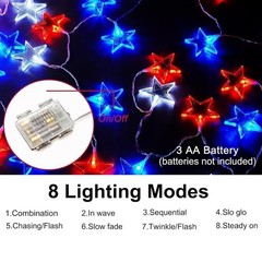 20 LED 4th of July Patriotic Star String Lights Red White Blue Decor