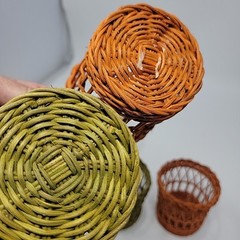 6 Vintage Boho Wicker Rattan Cup Glass Holders Handles Garden Party 3.25” Tiki