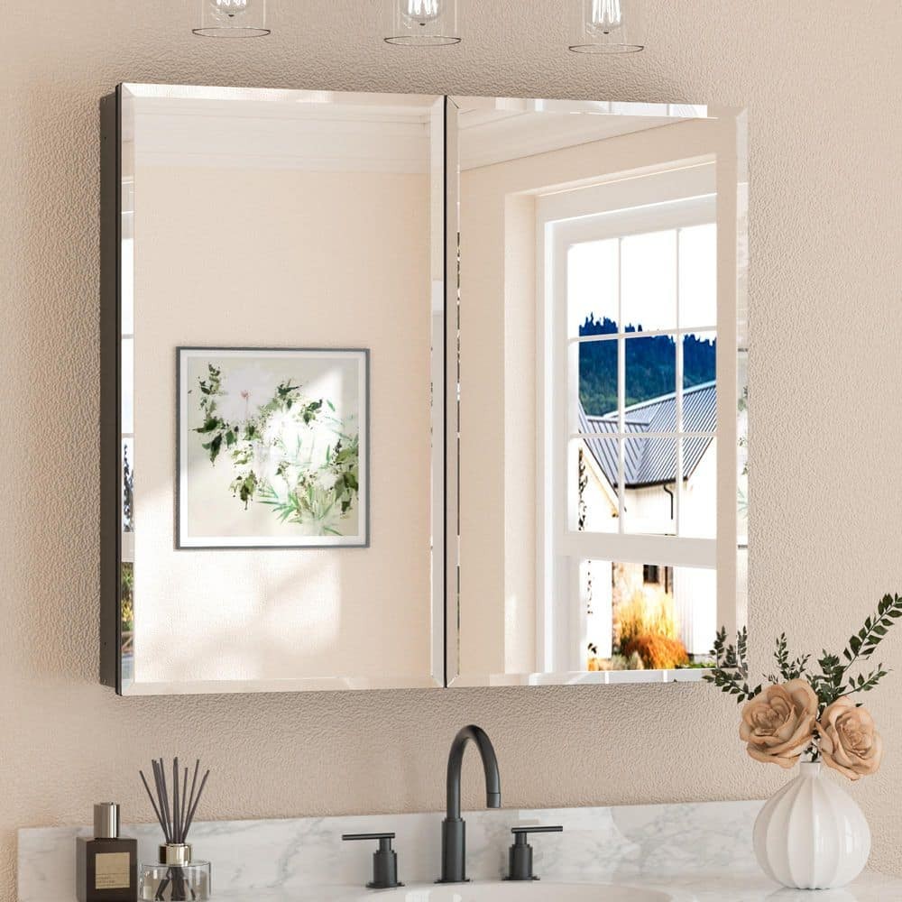 KeonJinn 36″ W x 32″ H Rectangular Beveled Metal Black Medicine Cabinet