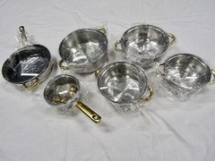 12-piece Stainless Steel Cookware Set (6 Pots + 6 Glass Lids) with Gold Handles