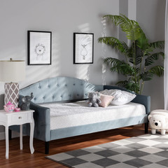 Light Blue Velvet Twin Daybed with Dark Brown Wood Finish