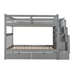 Full Over Full Bunk Bed w/ 6 Storage Drawers & Stairs For Kids Teens Adults Gray