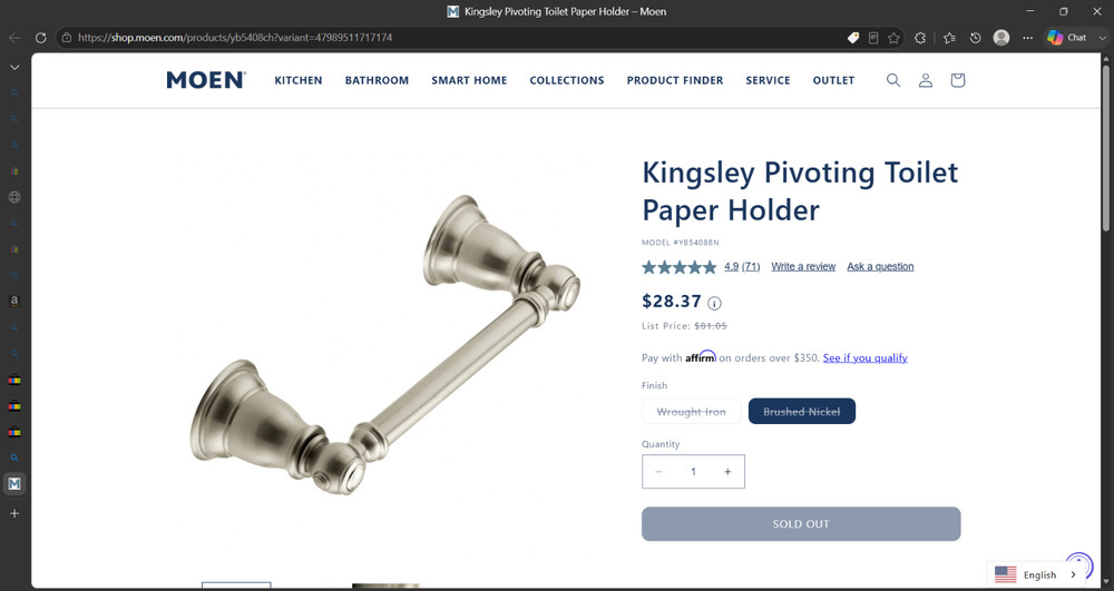 MOEN YB5408CH Kingsley Pivoting Bathroom Paper Holder Polished Chrome NIB