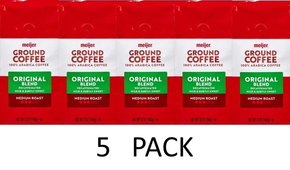 Meijer Original Blend DECAF Medium Roast Ground Coffee 12 oz Bag – 5 PACK