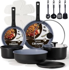 Versatile 19PC Non-Toxic Ceramic Cookware Set with Detachable Handle & Utensils