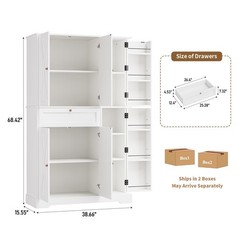 68″ Kitchen Pantry Cabinet, 6-Door Storage Hutch with Drawer & Shelves, White