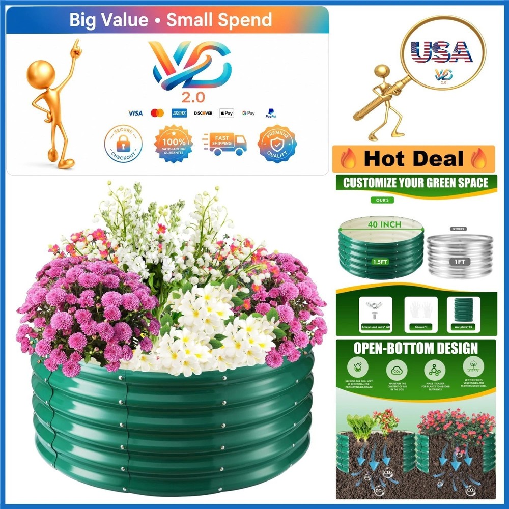 17-Inch Tall Green Metal Raised Garden Bed 3.3Ft Diameter Rust-Resistant