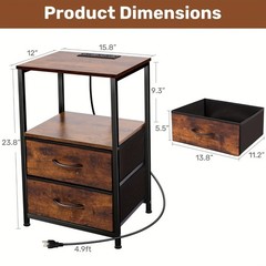 Nightstand Bedside Table W/ 2 Drawers Charging Station Shelf Bedroom Side Table
