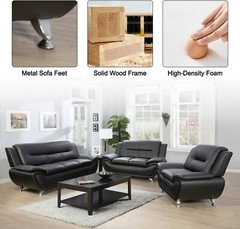 NEW Black 3PC Sofa Loveseat Chair Leather Gel Contemporary Modern Living Room