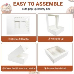 30 Pack White Pie Bakery Boxes with Window, 8 x 8 x 2.5 Inches Auto-Popup Coo…