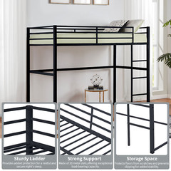 Full Metal Loft Bed w/Safety Rails+Ladder for Kids/Teens/Adults Space-Saver