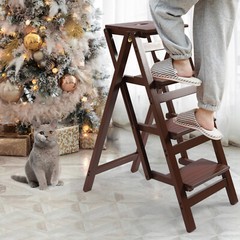 Wood Folding 4 Step Stool Ladder Adults Wood grain color Step Ladder 220lbs Load