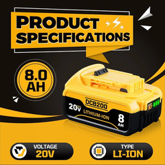 Pack 12.0AH For DeWalt 20V 20 Volt Max XR Lithium Ion Battery DCB206-2 DCB205-2