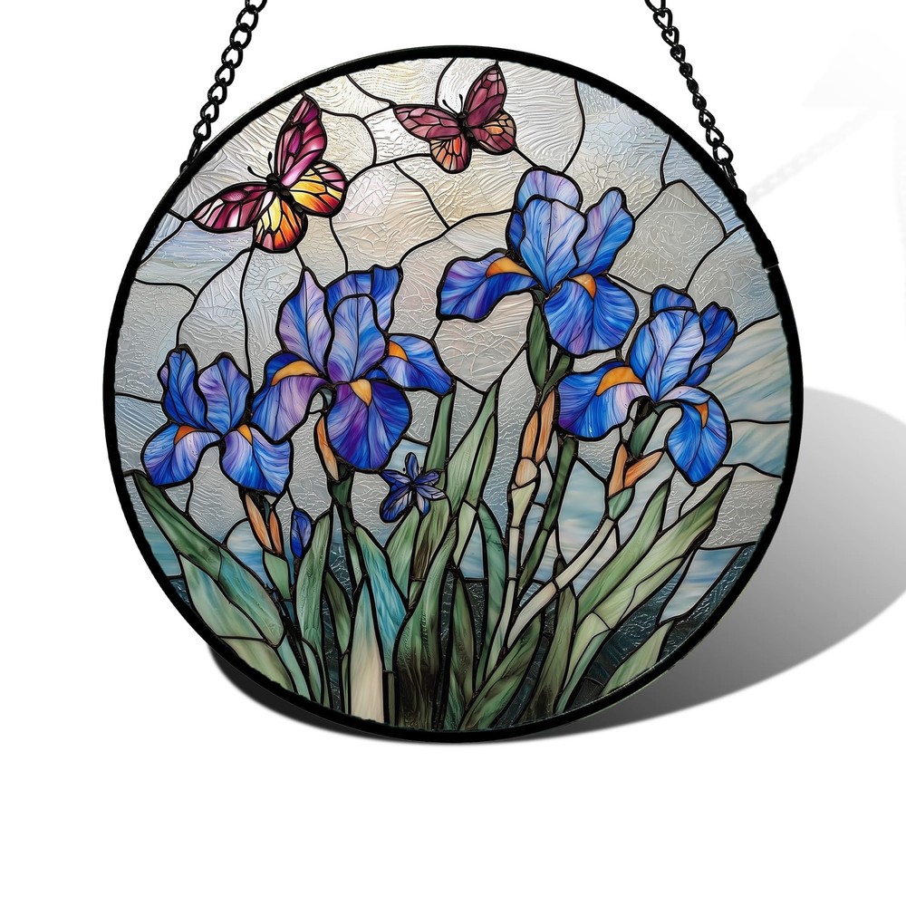 Blue Iris Butterfly Stained Glass Suncatcher Panel, 9.8 in Decorative Art