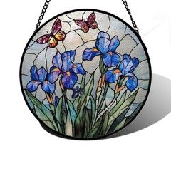 Blue Iris Butterfly Stained Glass Suncatcher Panel, 9.8 in Decorative Art