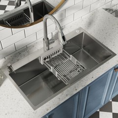 Silver Stainless Steel Kitchen Sink Drop In Top Mount Single Bowl Basin W/Faucet