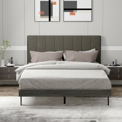 Queen Size Bed Frame Tufted Upholstered Headboard Bedroom W/ Solid Wooden Slat