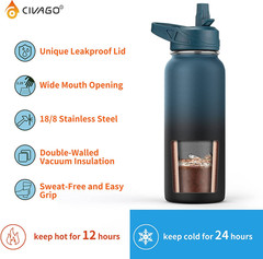 CIVAGO 64 Oz Insulated Water Bottle with Straw, Half Gallon Stainless Steel Spor