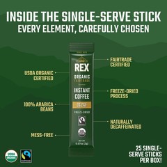 Rex Coffee Organic Fairtrade Natural Decaf Freeze-Dried Instant Sticks 25 Count