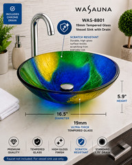 WASAUNA Tempered Glass Vessel Bathroom Sink Collection RARE