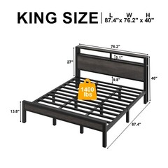 Full/Queen/King Metal Bed Frame with Storage Headboard and Charging Station