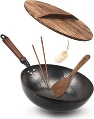 Wok Pan 125 Inch Carbon Steel Flat Bottom Stir Fry Pan with Lid for All Stoves