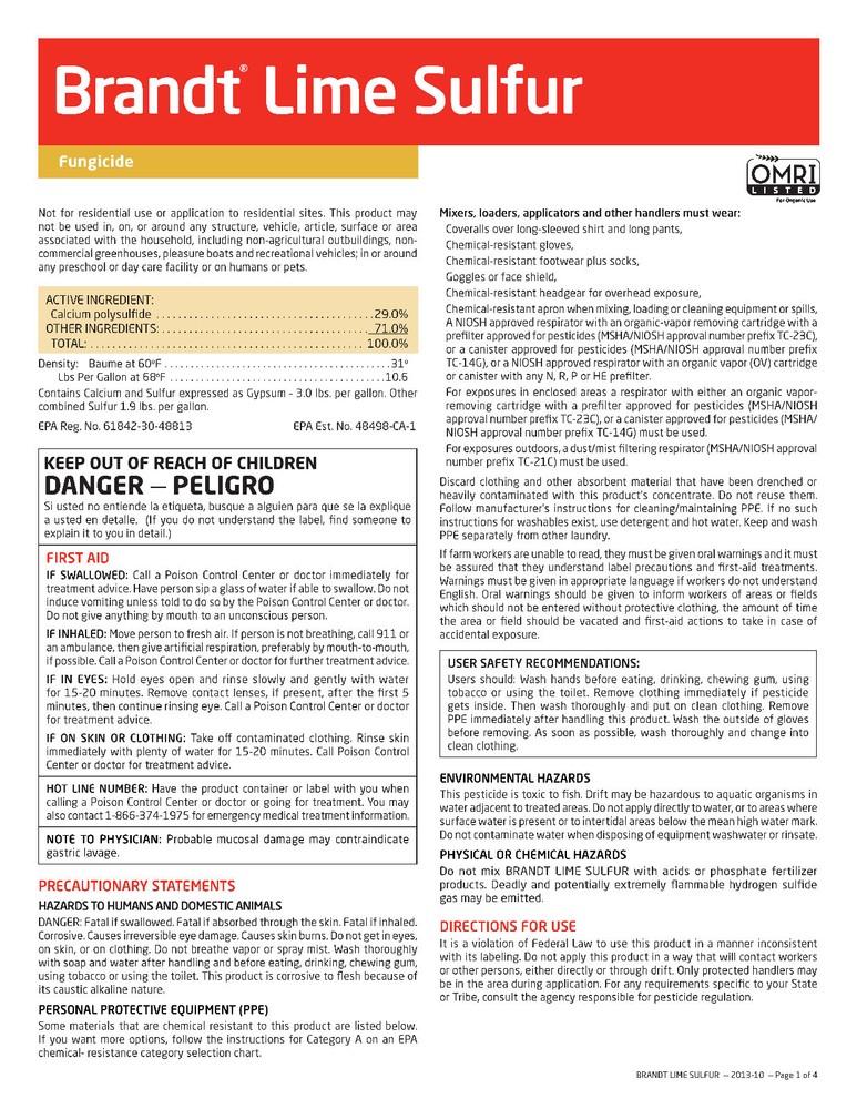 Lime Sulfur 29% Calcium Polysulfide Concentrate Brandt Brand