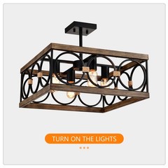 4-Light Square Kitchen Island Light Farmhouse Wood Black Metal Ceiling Fixture