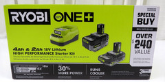 Ryobi 18V One+ 4Ah & 2Ah Lithium Battery High Performance Starter Kit W/Charger