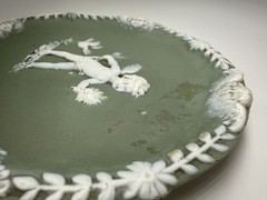 Vintage German Jasperware CUPID Green Wall Hanging/ Decorative Dish 4.25in