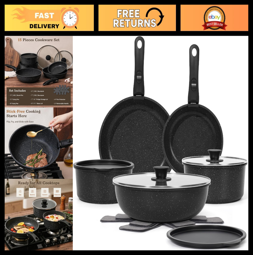 15-Piece Non-Stick Cookware Set with Detachable Handles, Oven Safe, Induction Re