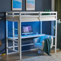 Wood Loft Bed Twin Size with RGB LED 2 Charging Station for Adults Kids Teens