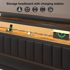 Full Queen LED Bed Frame with Charging Station&Upholstered Storage Headboard