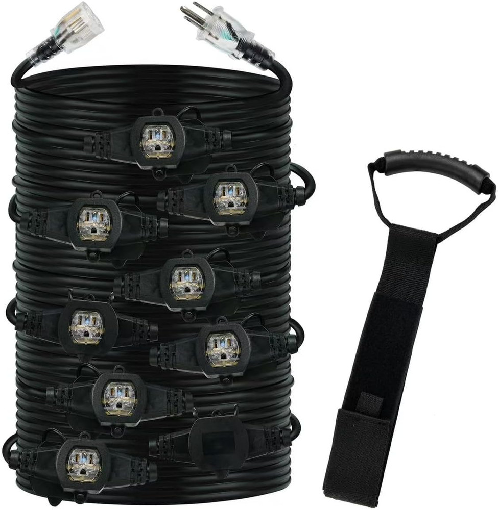 50FT 12 Gauge Multi-Outlet Outdoor Extension Cord, 10 Evenly Spaced Weatherproof