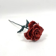 Metal Rose Red & Green Leaves with 13″ Long Stem Hand Forged Wrought Iron Heavy