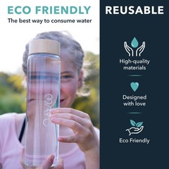 Mayu Pure Glass Reusable Water Bottle W/Bamboo Lid 1 Liter 100 Grade-A