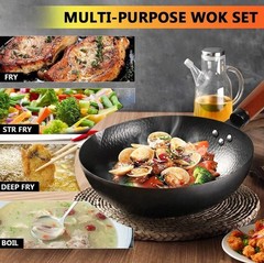 14 Piece Carbon Steel Wok Pan Set with Lid Flat Bottom Stir Fry Cookware