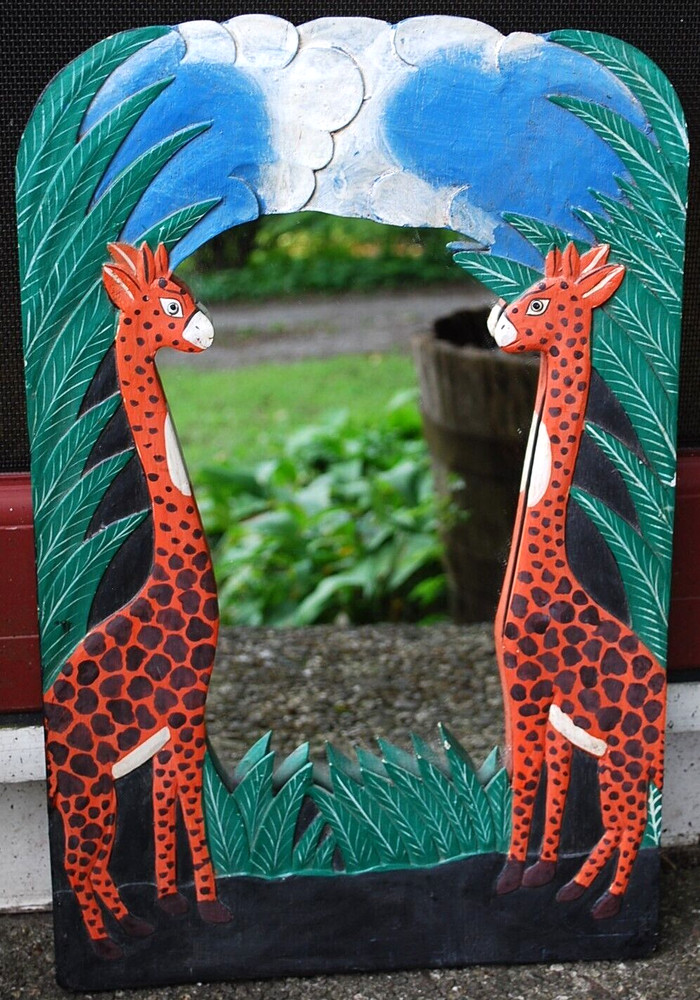 Vtg Hand Carved Painted WOOD MIRROR Jungle Giraffes 18.5″ Orange Green Blk BALI